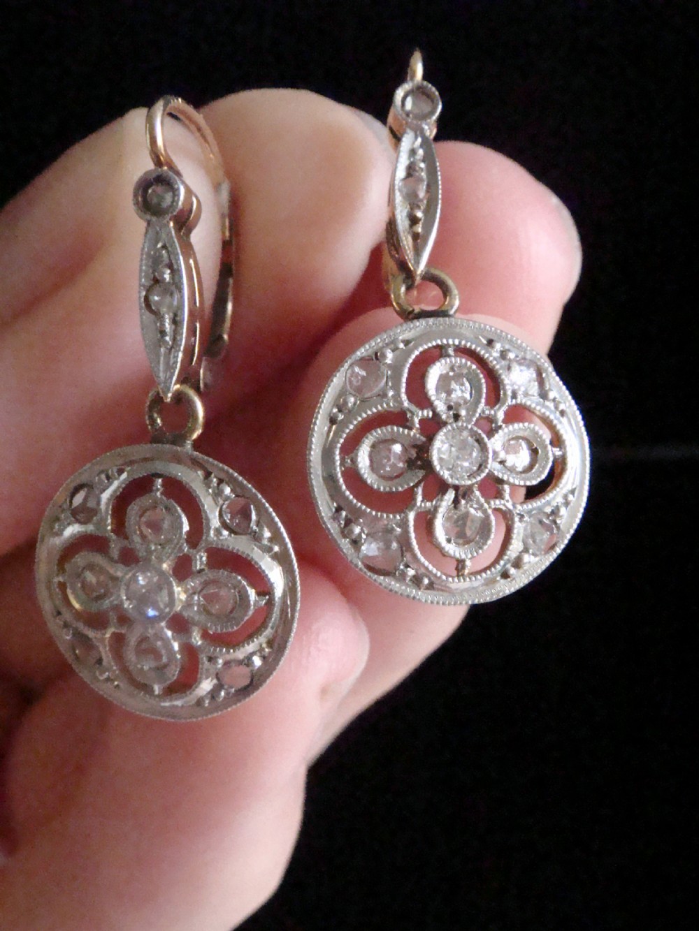 ORIGINAL EDWARDIAN 18CT FRENCH ROSE CUT DIAMOND DROP EARRINGS