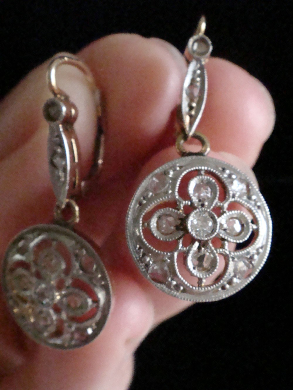ORIGINAL EDWARDIAN 18CT FRENCH ROSE CUT DIAMOND DROP EARRINGS View V