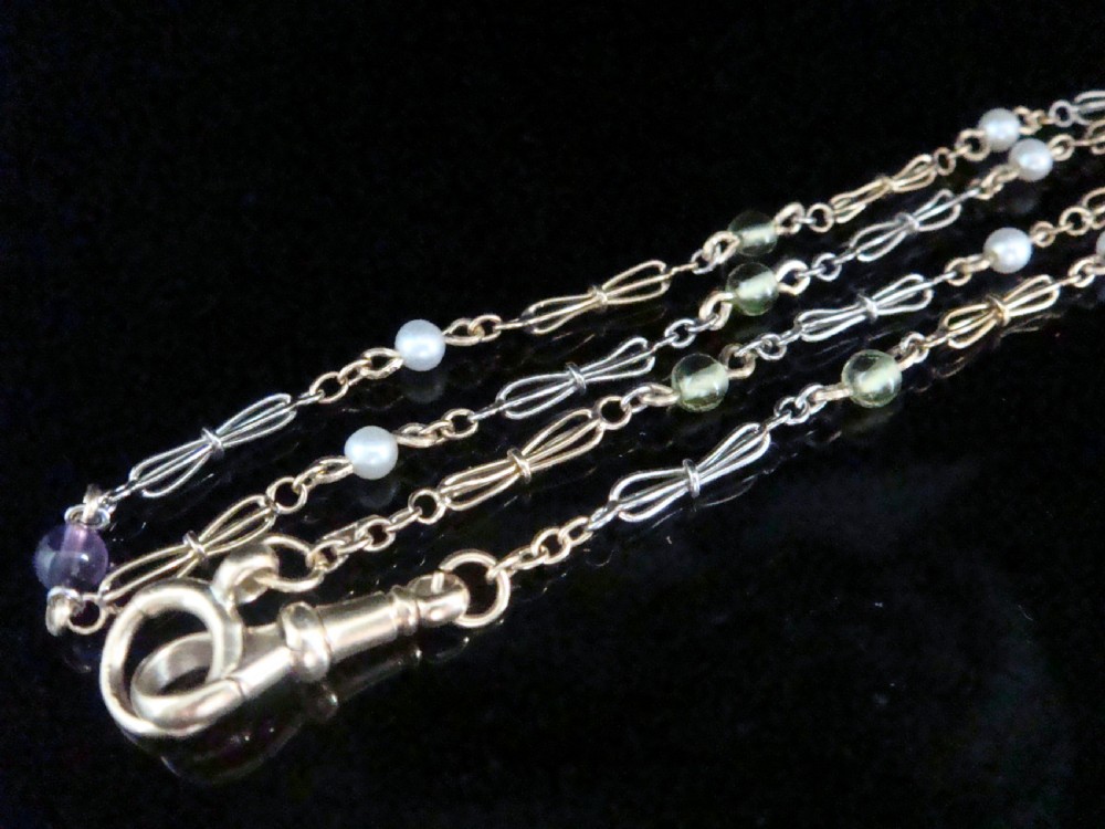 VICTORIAN 18CT PLATINUM SUFFRAGETTE PERIDOT AMETHYST PEARL CHAIN 16.5