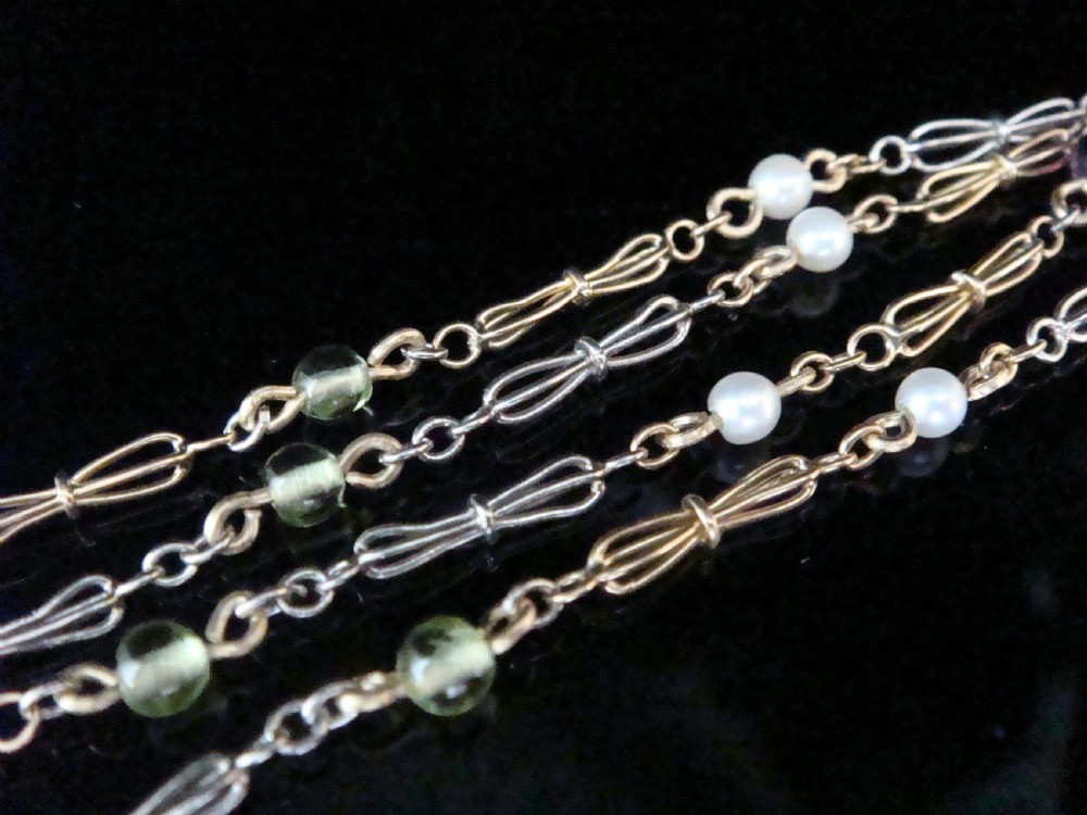 VICTORIAN 18CT PLATINUM SUFFRAGETTE PERIDOT AMETHYST PEARL CHAIN 16.5