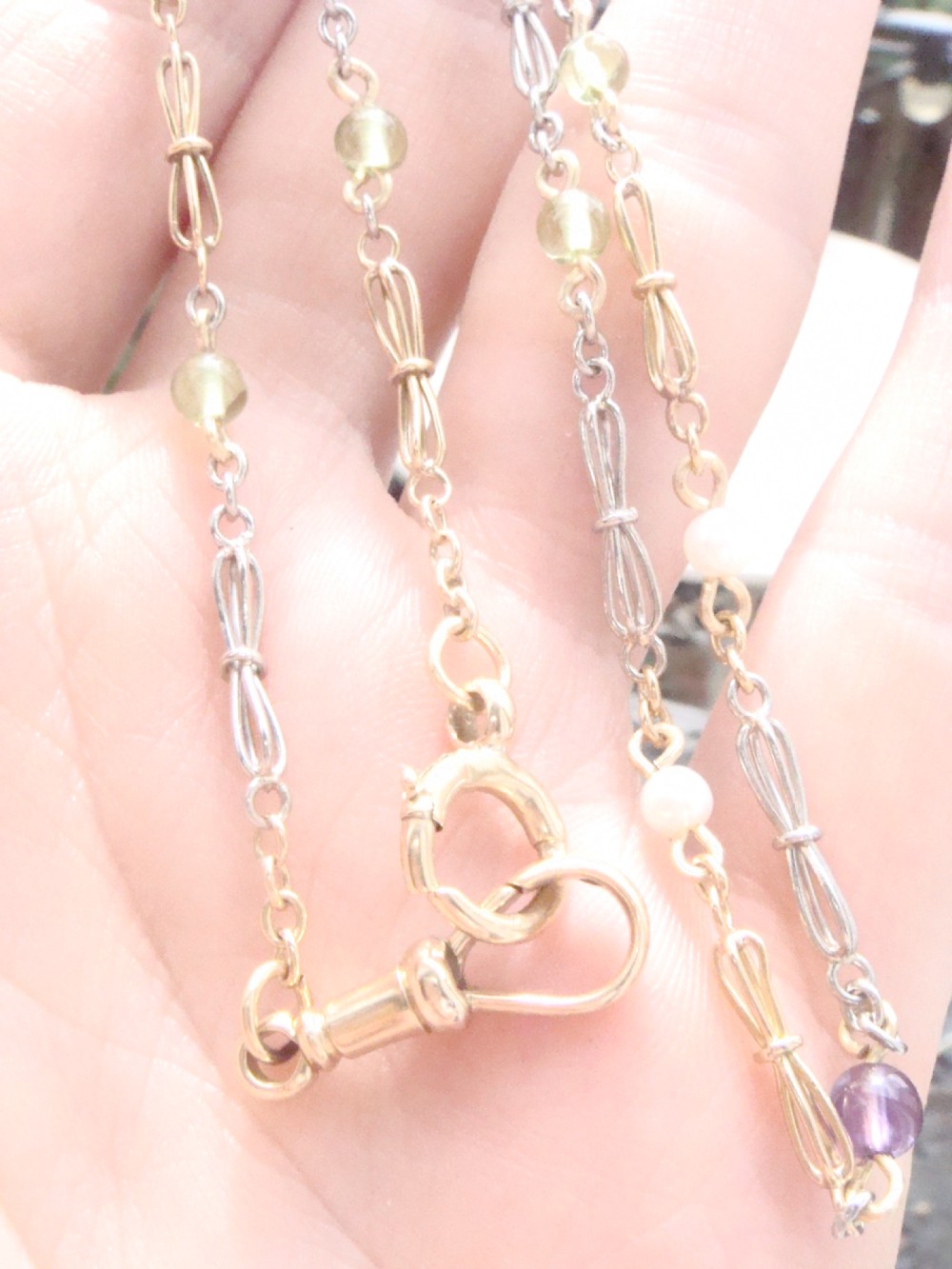 VICTORIAN 18CT PLATINUM SUFFRAGETTE PERIDOT AMETHYST PEARL CHAIN 16.5