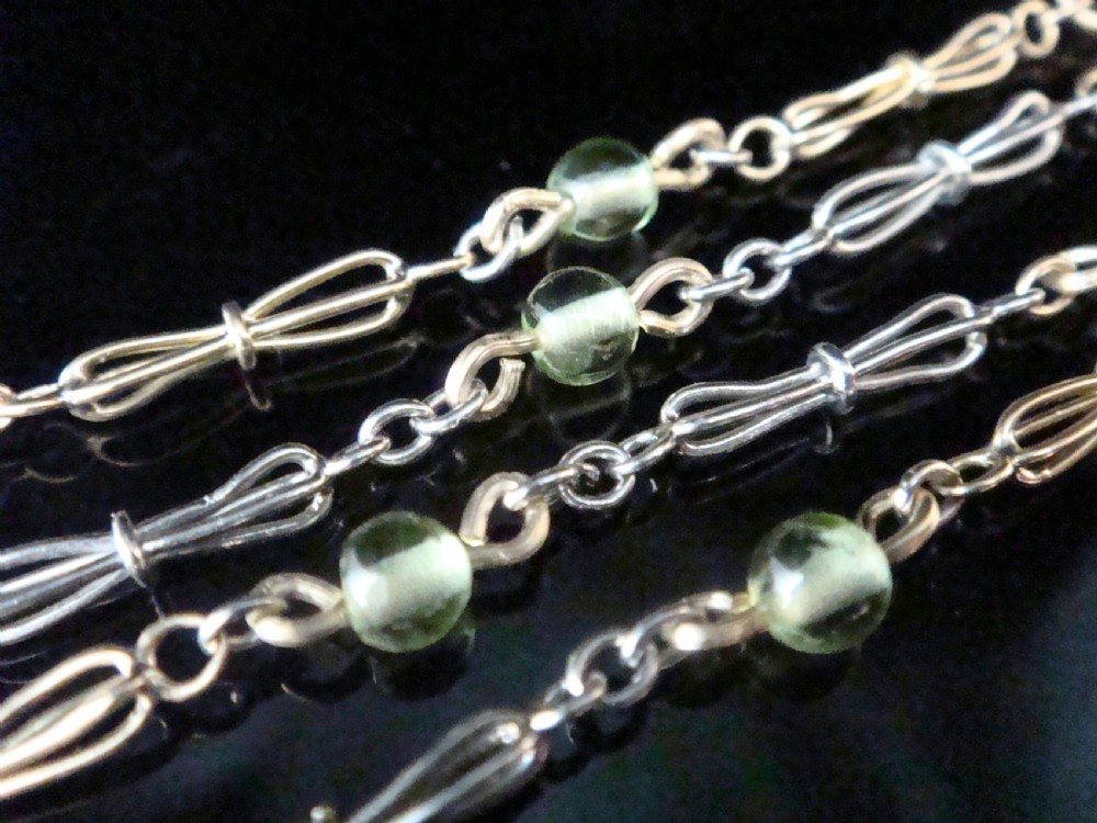 VICTORIAN 18CT PLATINUM SUFFRAGETTE PERIDOT AMETHYST PEARL CHAIN 16.5