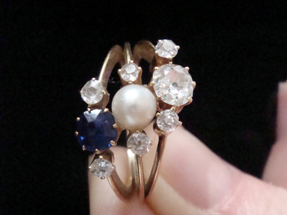 EDWARDIAN FRENCH 18CT YELLOW GOLD NATURAL SAPPHIRE DIAMOND NATURAL PEARL RING View V