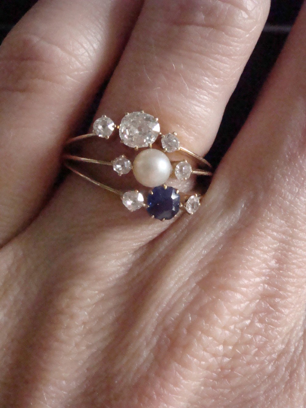 EDWARDIAN FRENCH 18CT YELLOW GOLD NATURAL SAPPHIRE DIAMOND NATURAL PEARL RING View VI