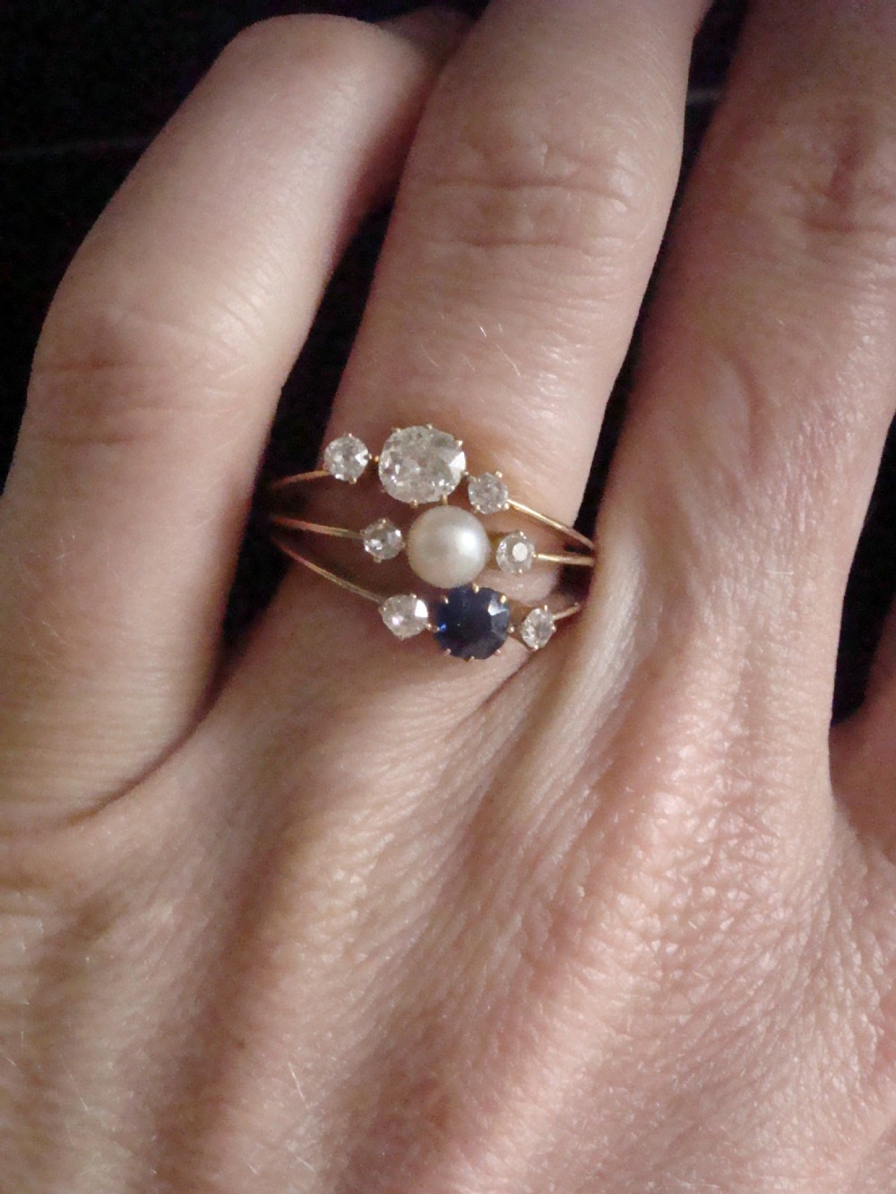 EDWARDIAN FRENCH 18CT YELLOW GOLD NATURAL SAPPHIRE DIAMOND NATURAL PEARL RING View VII