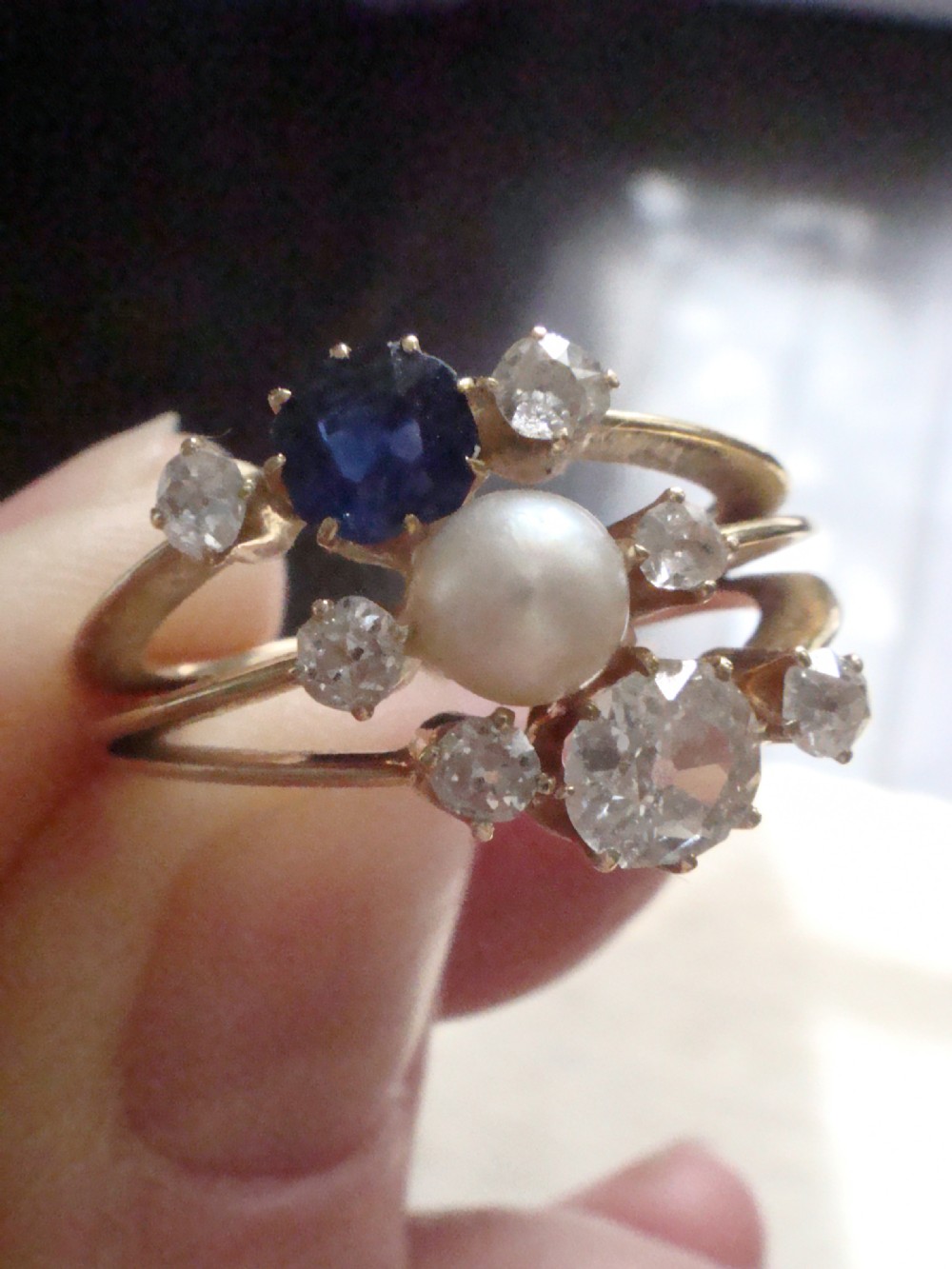 EDWARDIAN FRENCH 18CT YELLOW GOLD NATURAL SAPPHIRE DIAMOND NATURAL PEARL RING View VIII