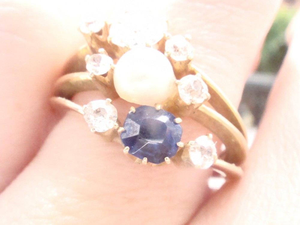 EDWARDIAN FRENCH 18CT YELLOW GOLD NATURAL SAPPHIRE DIAMOND NATURAL PEARL RING View X