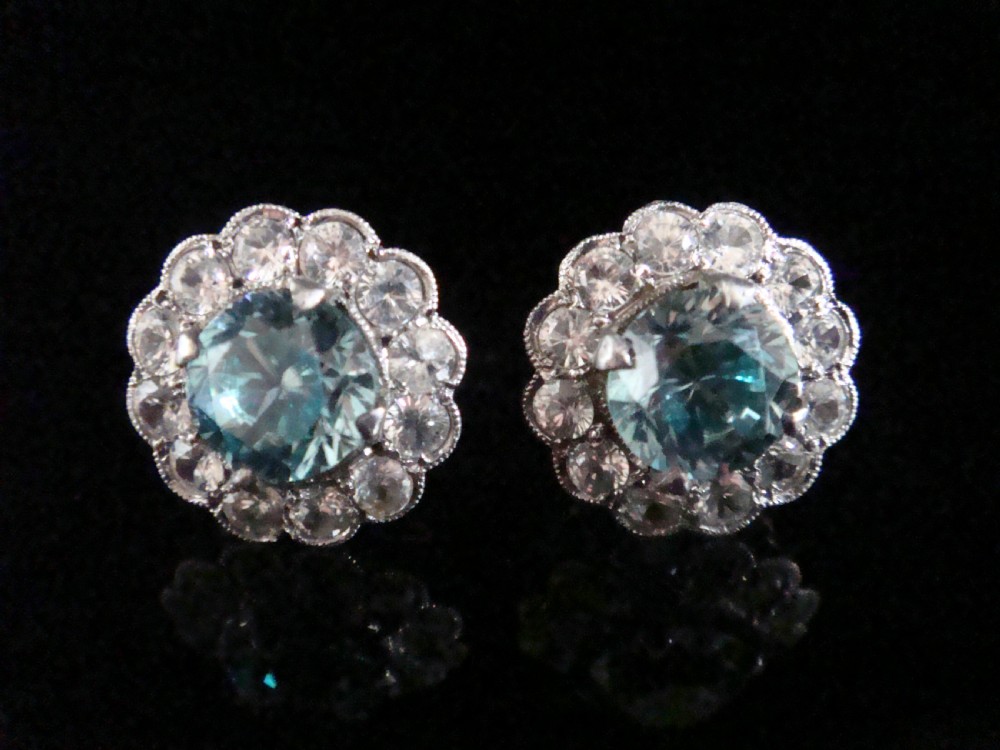 EDWARDIAN 18CT WHITE GOLD NATURAL BLUE ZIRCON & WHITE ZIRCON  CLUSTER EARRINGS