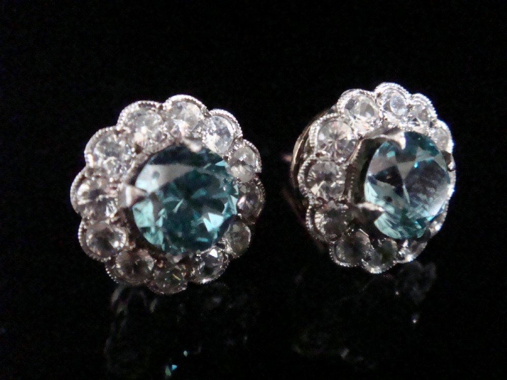 EDWARDIAN 18CT WHITE GOLD NATURAL BLUE ZIRCON & WHITE ZIRCON  CLUSTER EARRINGS View II