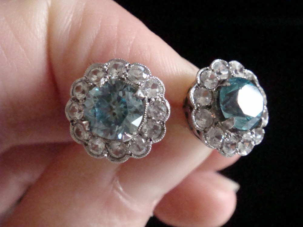 EDWARDIAN 18CT WHITE GOLD NATURAL BLUE ZIRCON & WHITE ZIRCON  CLUSTER EARRINGS View III