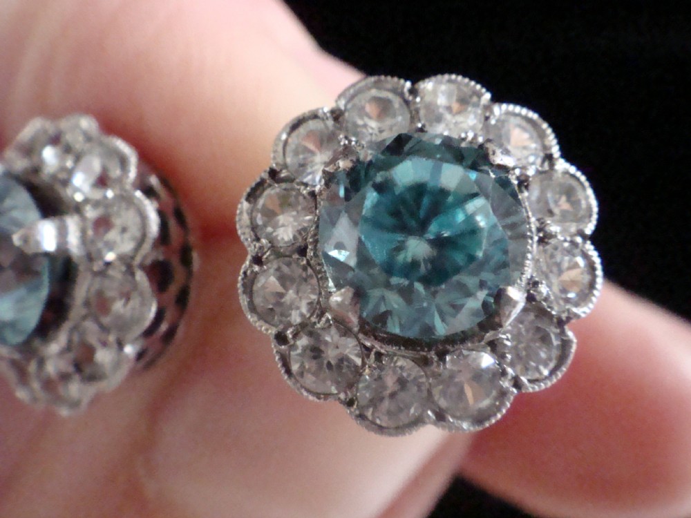EDWARDIAN 18CT WHITE GOLD NATURAL BLUE ZIRCON & WHITE ZIRCON  CLUSTER EARRINGS View V