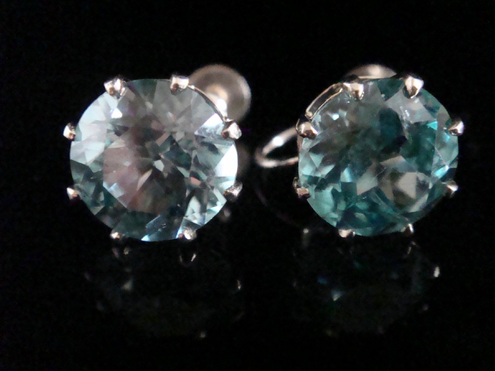 EDWARDIAN 9CT WHITE GOLD NATURAL BLUE ZIRCON SOLITAIRE SCREW EARRINGS View III