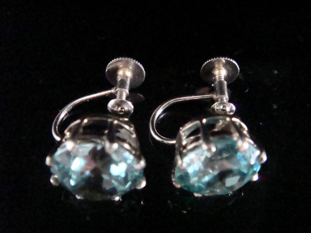 EDWARDIAN 9CT WHITE GOLD NATURAL BLUE ZIRCON SOLITAIRE SCREW EARRINGS View IV