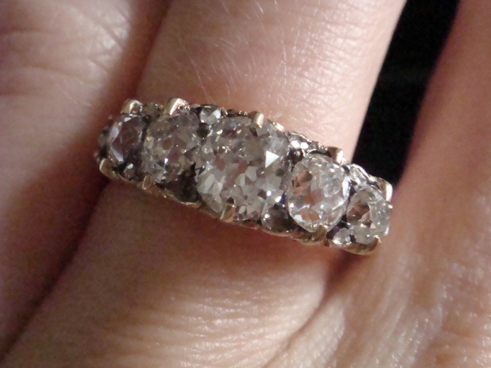 Victorian 18ct yellow gold old cut diamond 1.55ct 5 stone ring View X