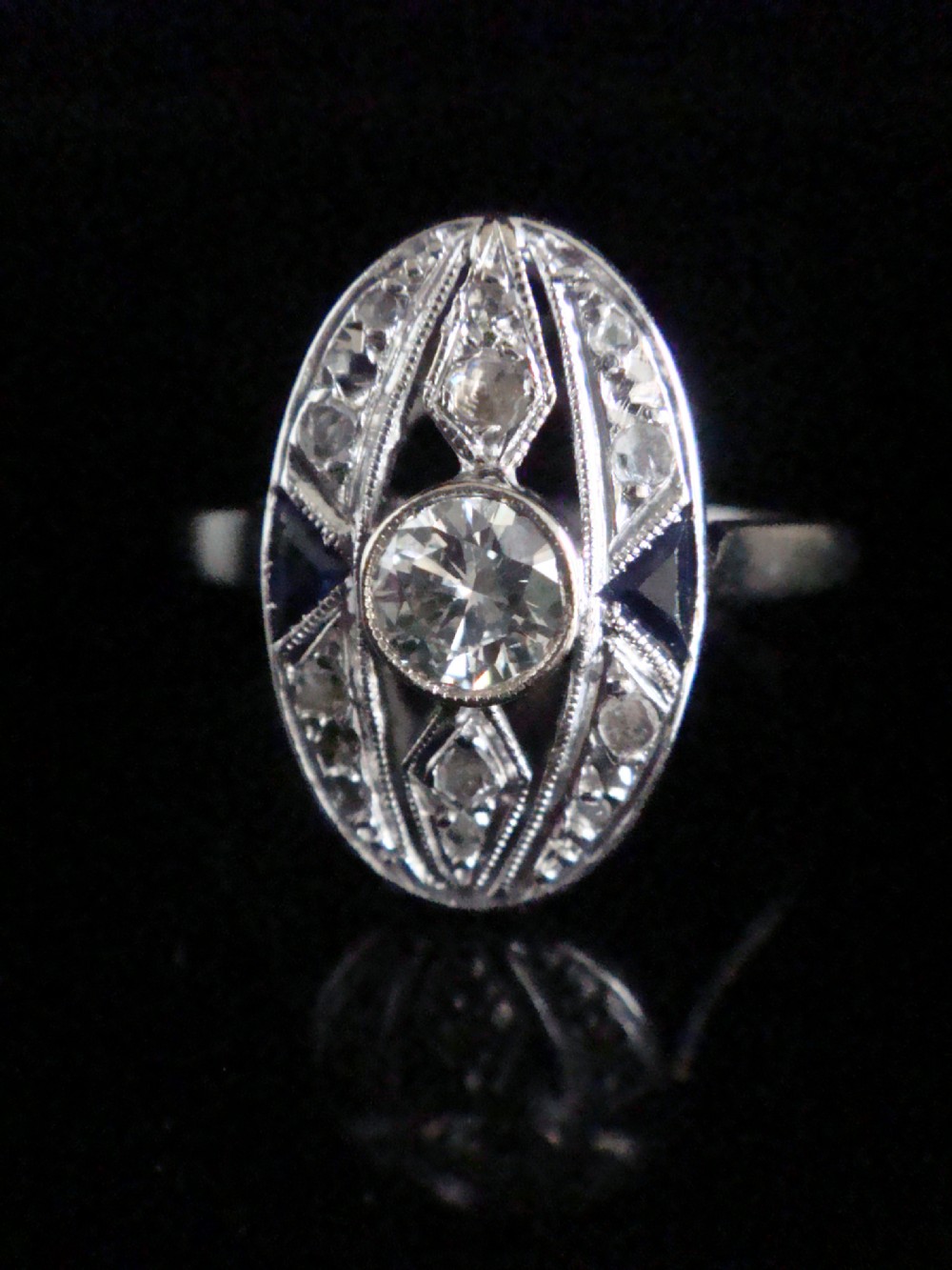 ANTIQUE ART DECO 1920S 18K 18CT SAPPHIRE AND DIAMOND PAVE SET RING View II