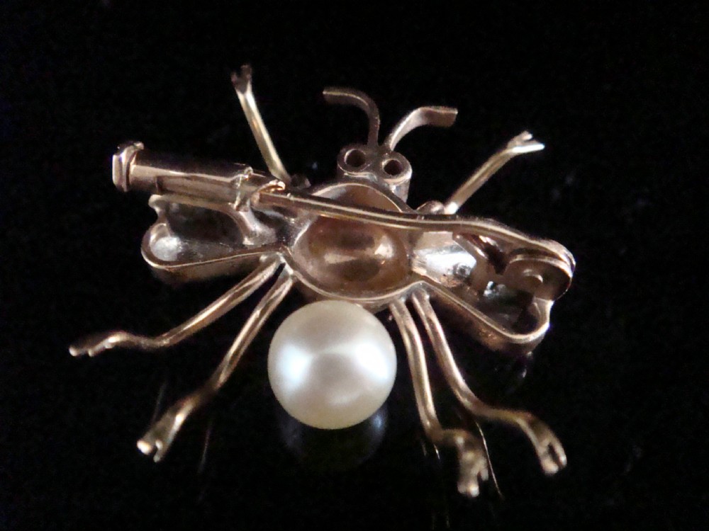 EDWARDIAN 18CT ROSE CUT DIAMOND RUBY PEARL BEE BROOCH View III