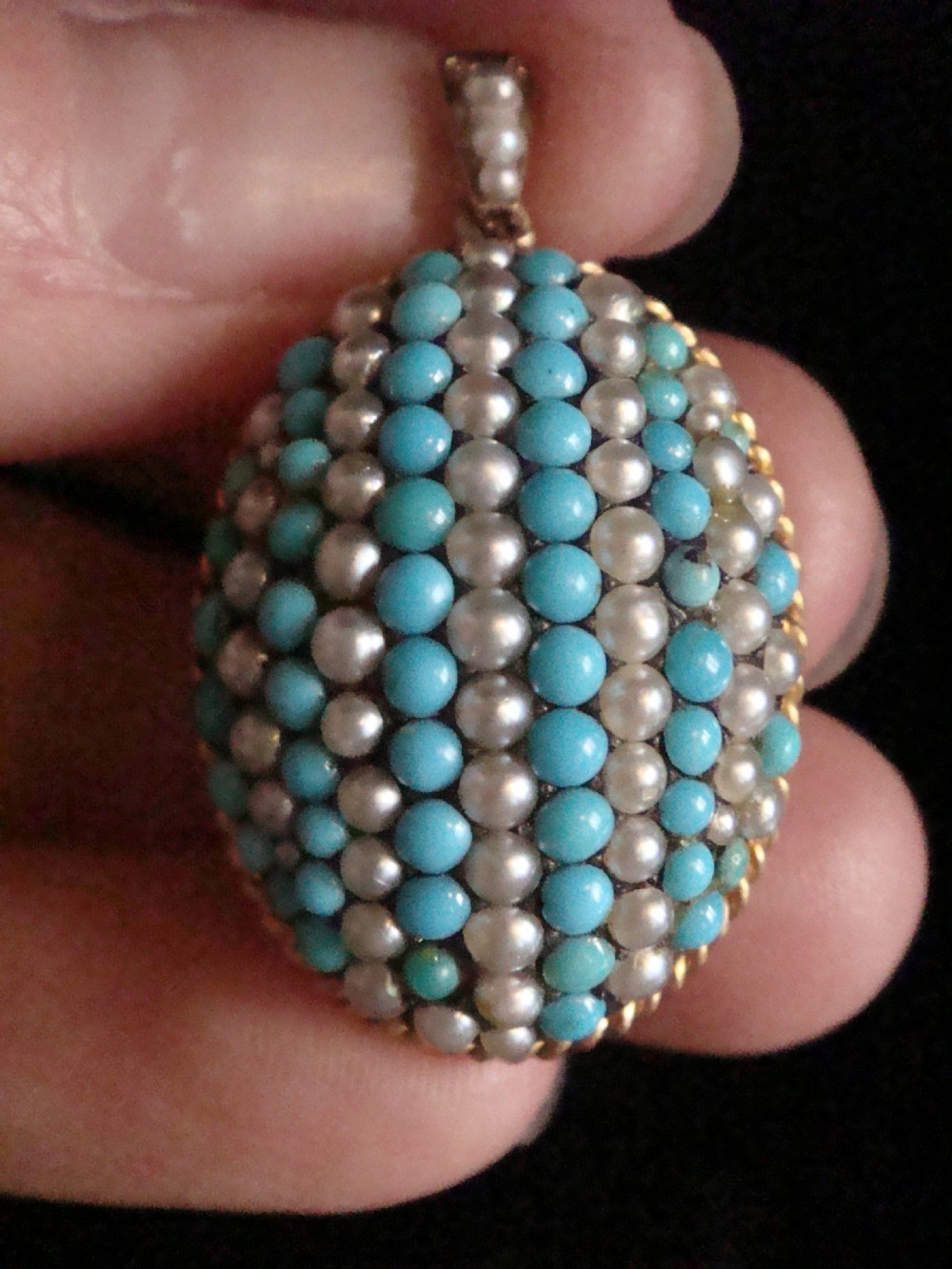 High quality heavy Victorian high carat 15ct rose gold turquoise pearl pendant View III