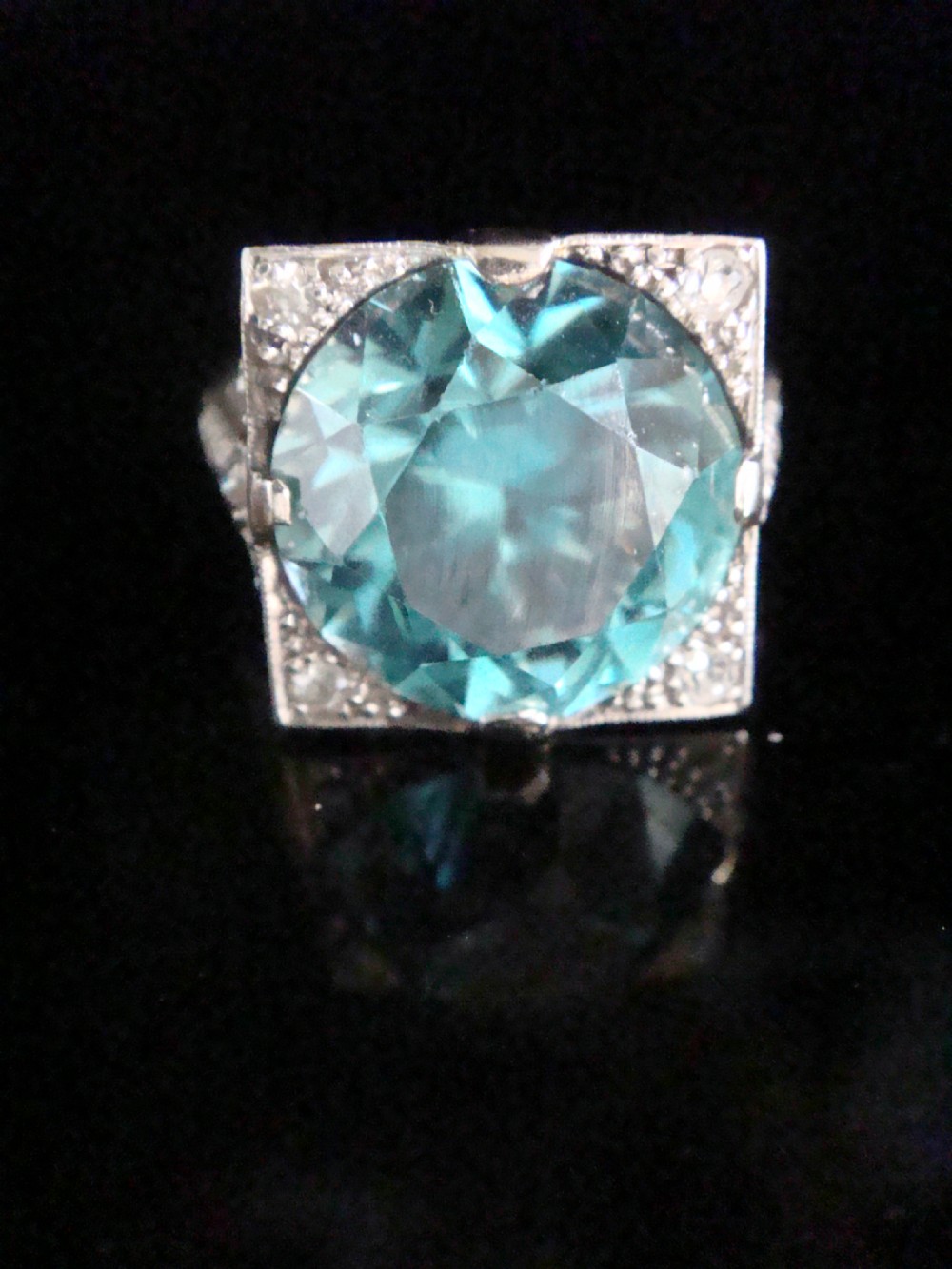 ART DECO PLATINUM SUBSTANTIAL NATURAL BLUE ZIRCON 9CT DIAMOND 0.85CT RING