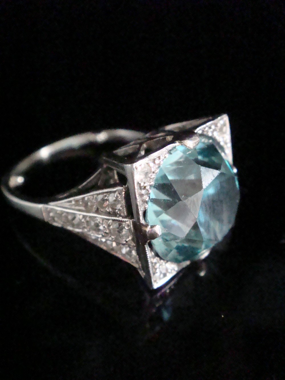 ART DECO PLATINUM SUBSTANTIAL NATURAL BLUE ZIRCON 9CT DIAMOND 0.85CT RING View II