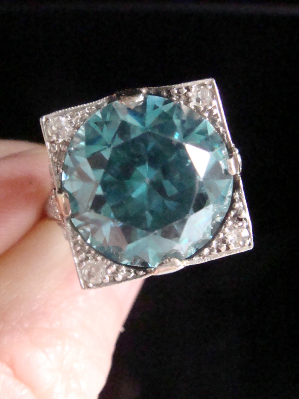 ART DECO PLATINUM SUBSTANTIAL NATURAL BLUE ZIRCON 9CT DIAMOND 0.85CT RING View IV