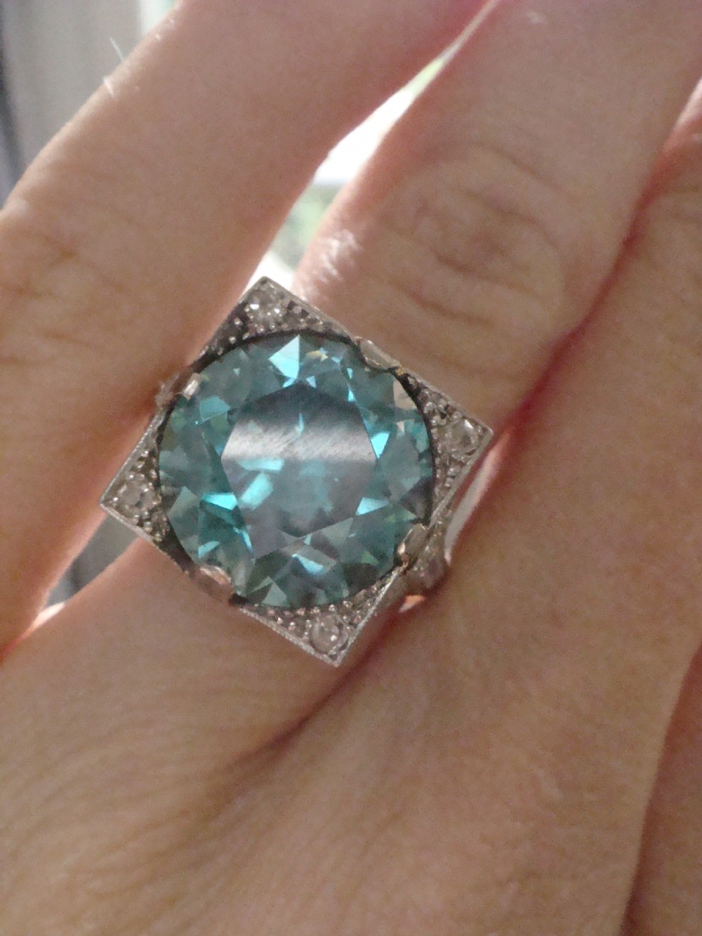ART DECO PLATINUM SUBSTANTIAL NATURAL BLUE ZIRCON 9CT DIAMOND 0.85CT RING View V