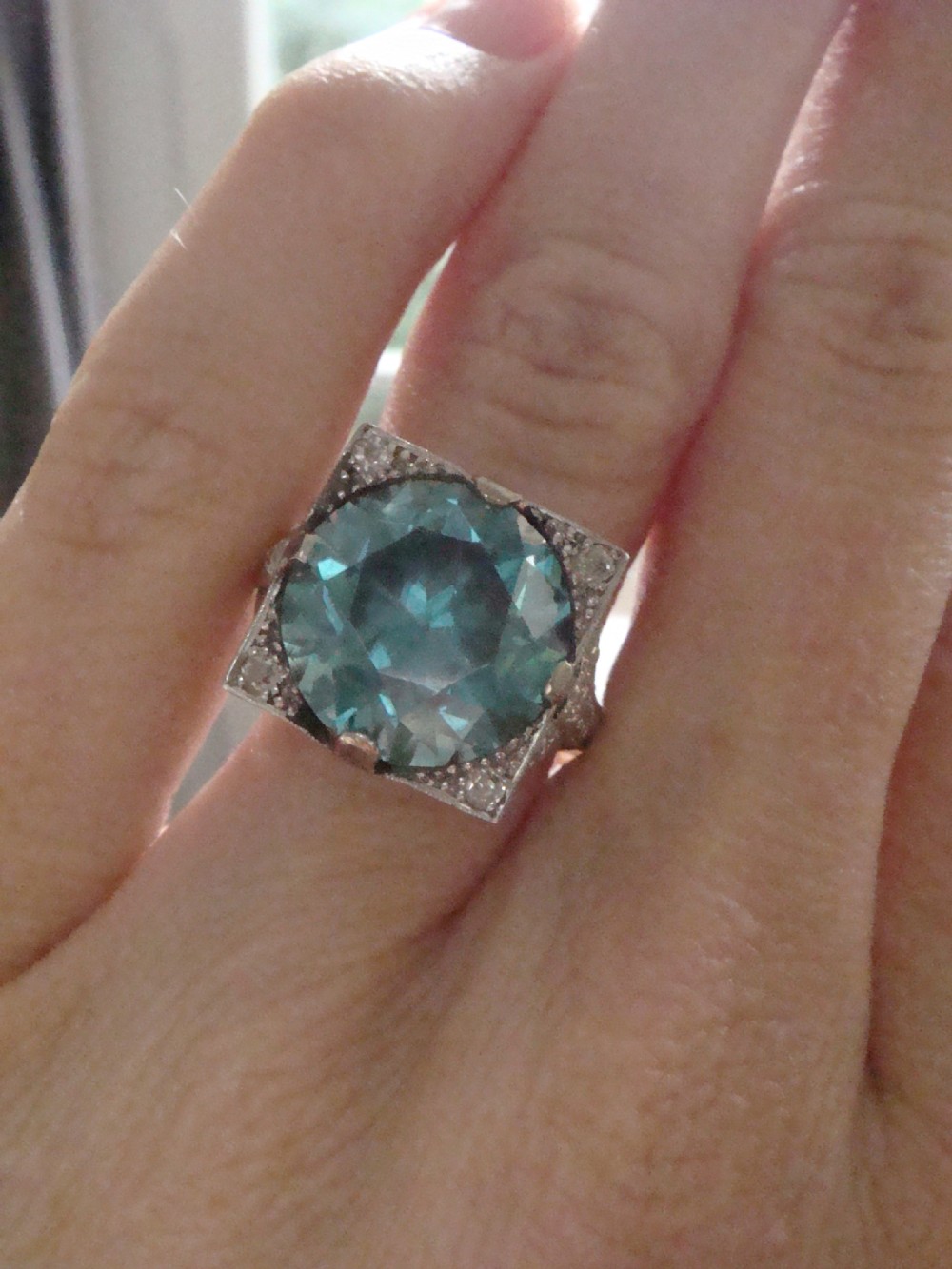 ART DECO PLATINUM SUBSTANTIAL NATURAL BLUE ZIRCON 9CT DIAMOND 0.85CT RING View VI
