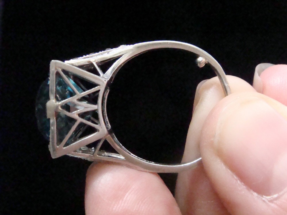 ART DECO PLATINUM SUBSTANTIAL NATURAL BLUE ZIRCON 9CT DIAMOND 0.85CT RING View VII