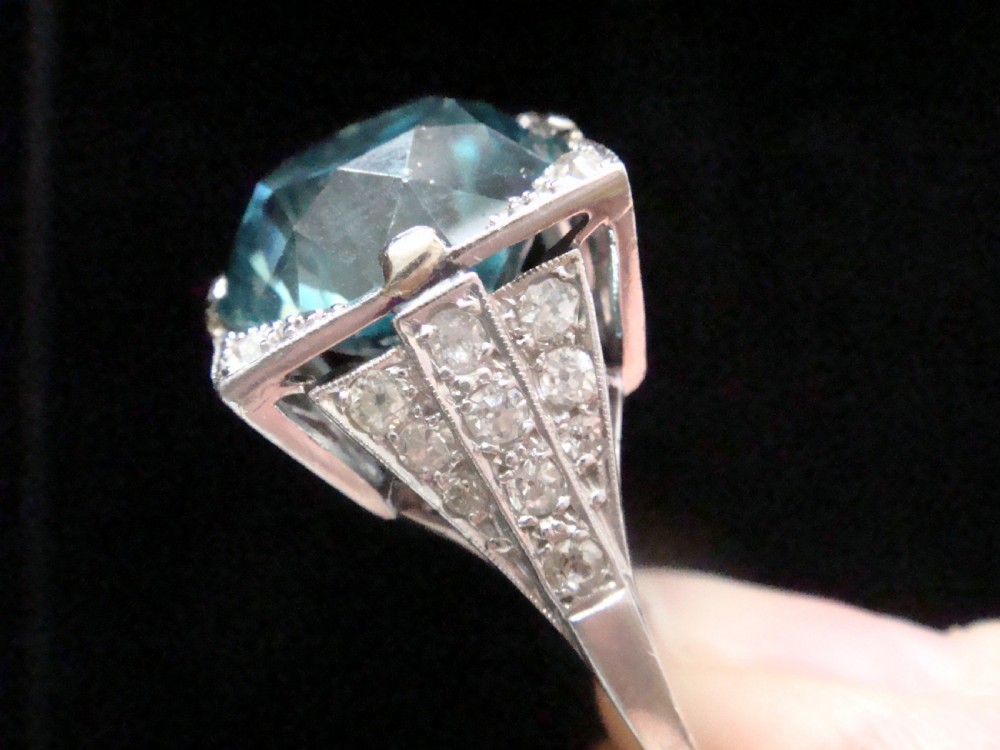 ART DECO PLATINUM SUBSTANTIAL NATURAL BLUE ZIRCON 9CT DIAMOND 0.85CT RING View VIII