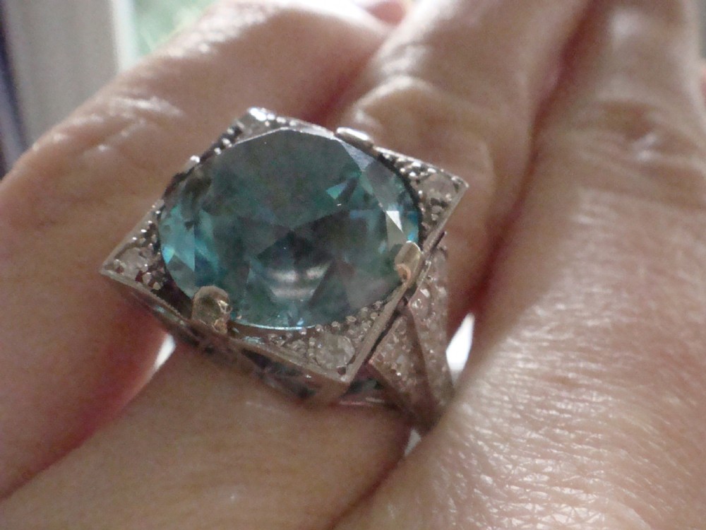 ART DECO PLATINUM SUBSTANTIAL NATURAL BLUE ZIRCON 9CT DIAMOND 0.85CT RING View IX