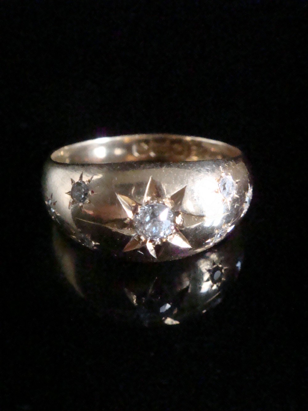 VICTORIAN 18CT 18K ORNATE YELLOW GOLD BAND OLD CUT DIAMOND STAR GYPSY BAND