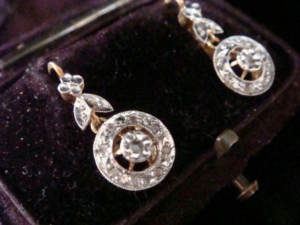 FRENCH EDWARDIAN 18CT YELLOW GOLD ROSE CUT DIAMOND EARRINGS ORIGINAL FITTED BOX