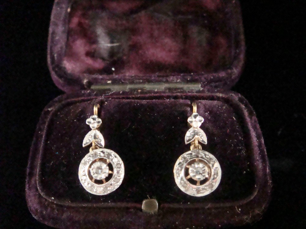 FRENCH EDWARDIAN 18CT YELLOW GOLD ROSE CUT DIAMOND EARRINGS ORIGINAL FITTED BOX View II