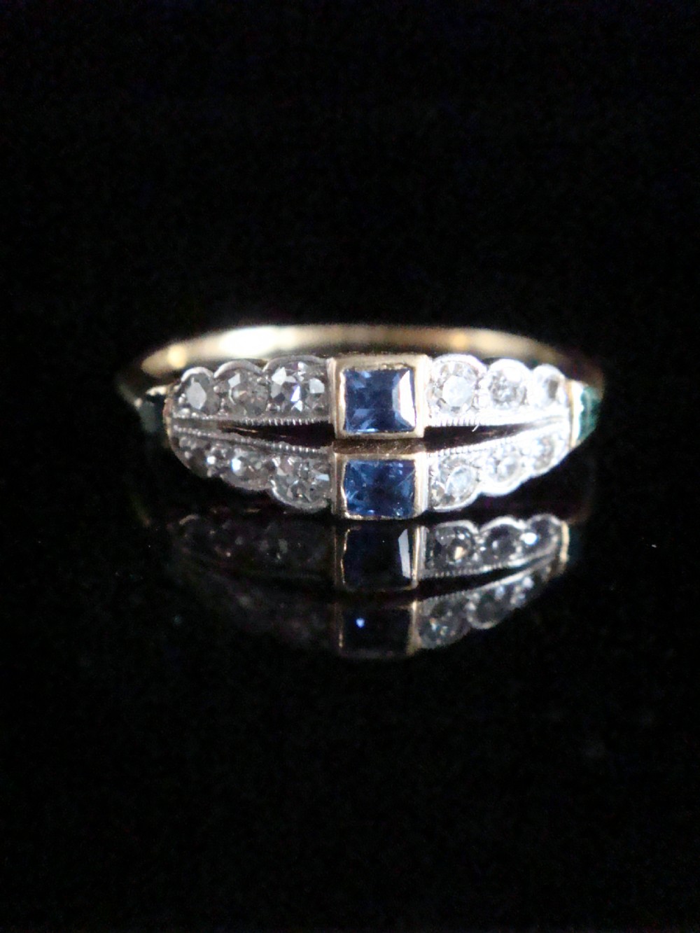 Edwardian 18ct 18k yellow gold platinum sapphire emerald and diamond double band View II