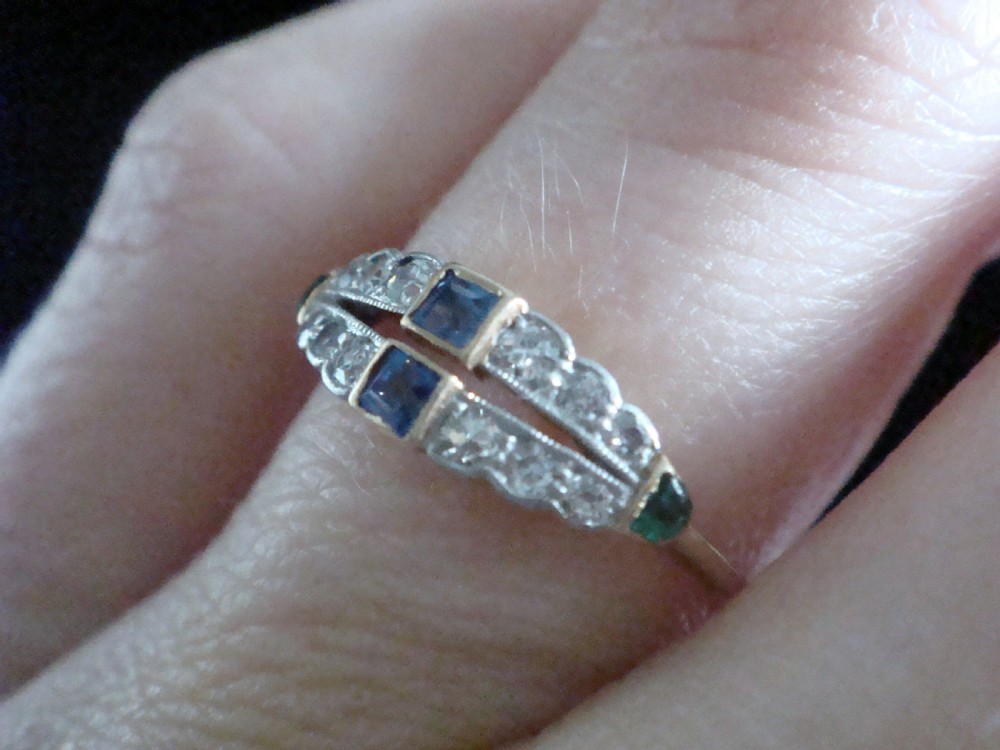Edwardian 18ct 18k yellow gold platinum sapphire emerald and diamond double band View III