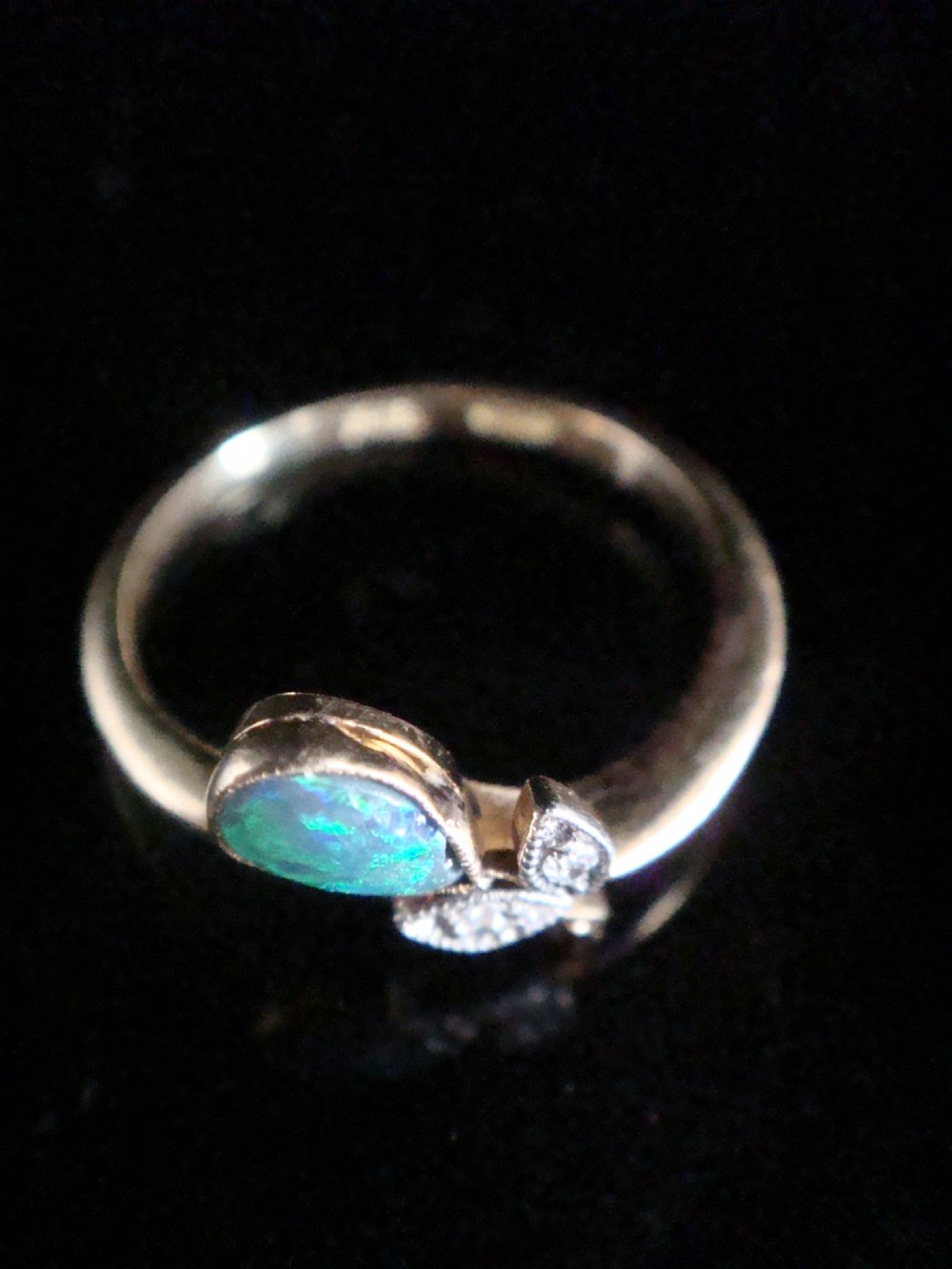 Edwardian 18ct 18k yellow gold platinum black opal and diamond flower ring View II