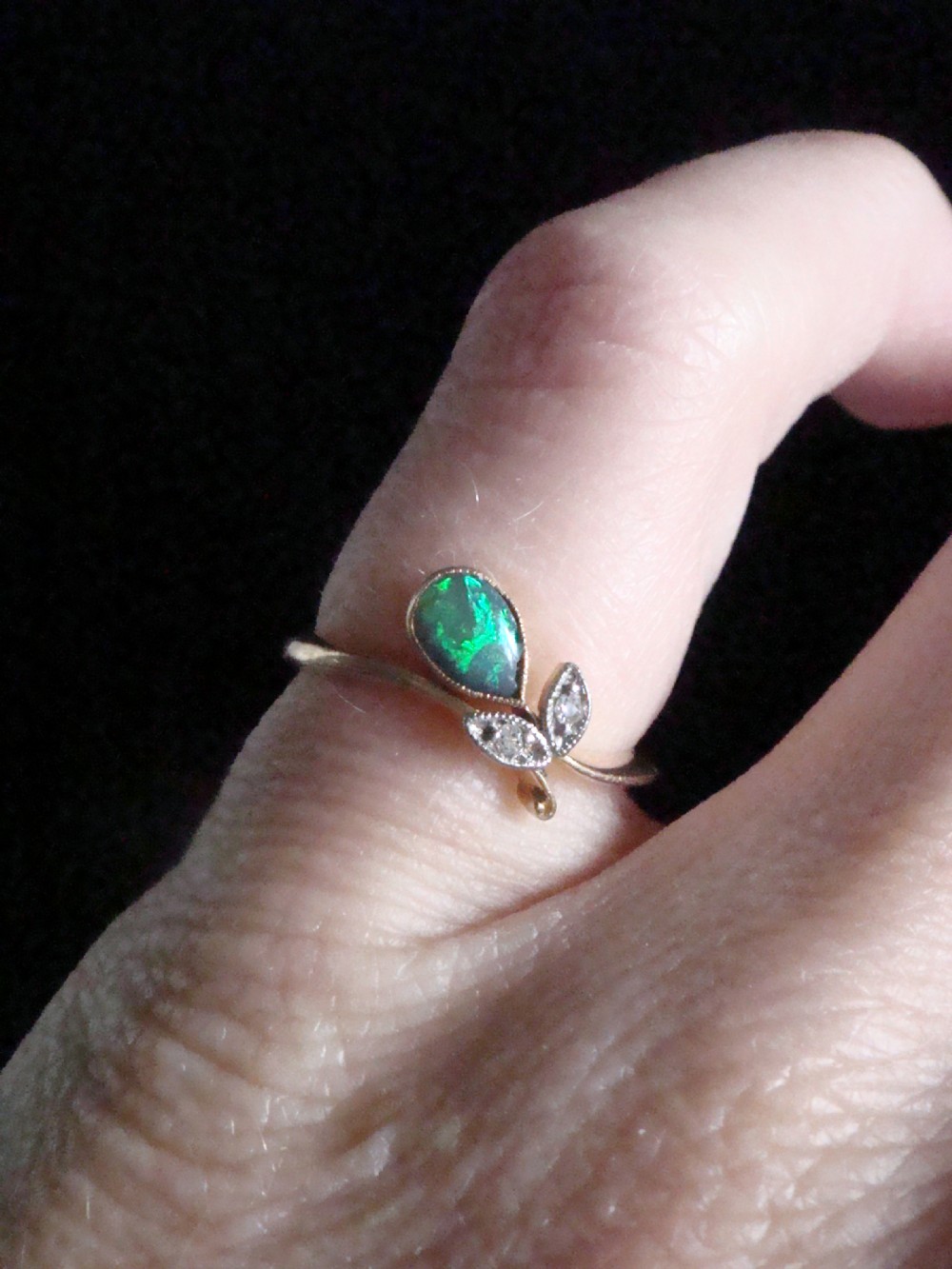 Edwardian 18ct 18k yellow gold platinum black opal and diamond flower ring View III
