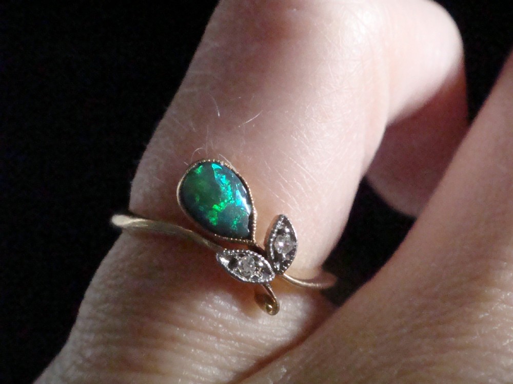 Edwardian 18ct 18k yellow gold platinum black opal and diamond flower ring View IV