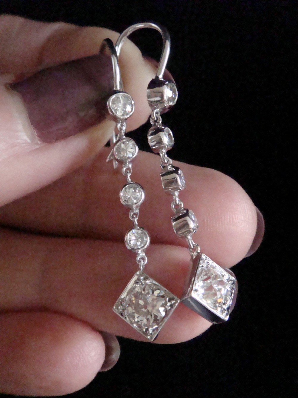 ART DECO PLATINUM OLD CUT DIAMOND DROP EARRINGS 2.20CT VS2-Si H-I COLOUR View IV