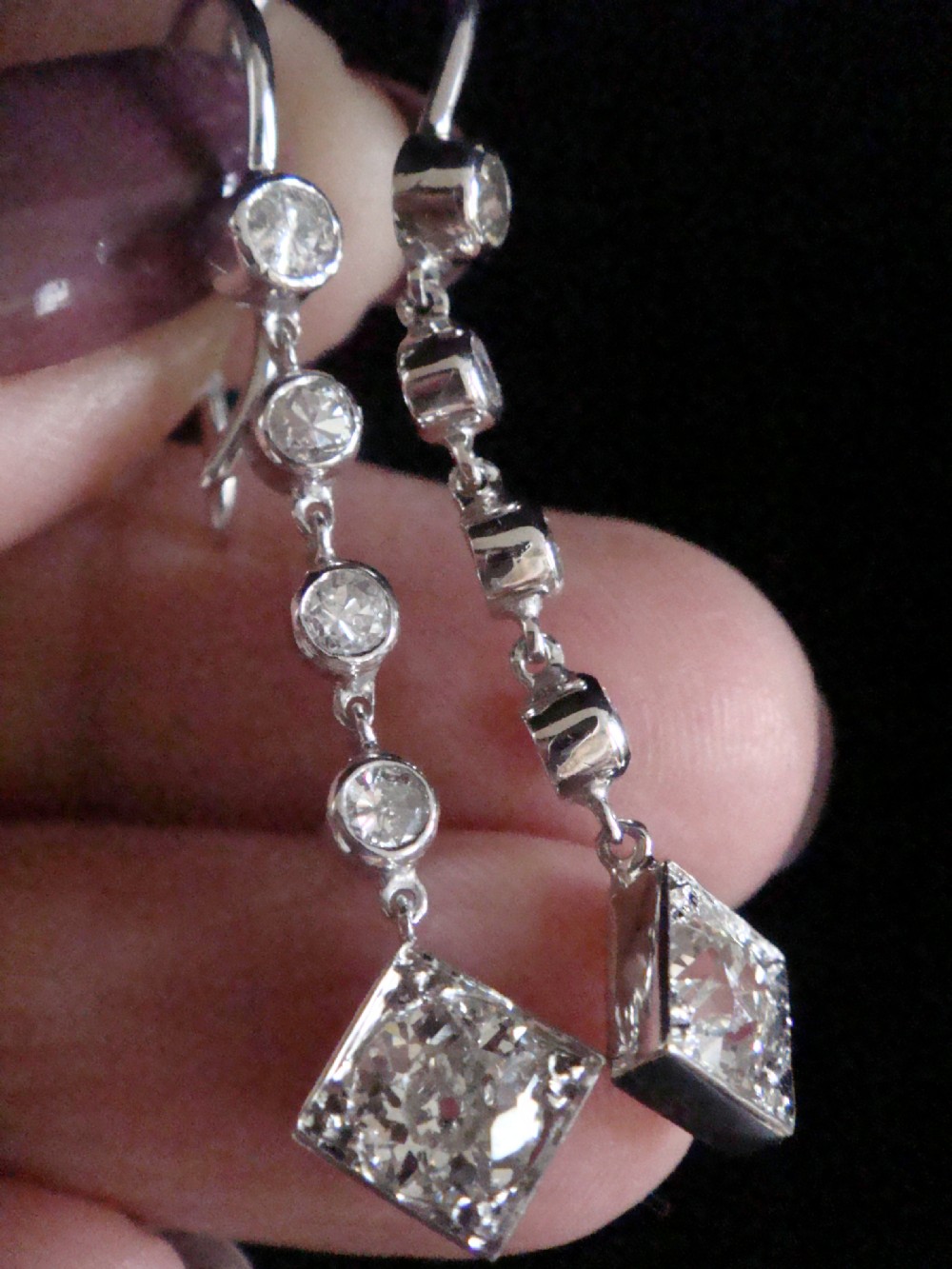 ART DECO PLATINUM OLD CUT DIAMOND DROP EARRINGS 2.20CT VS2-Si H-I COLOUR View V