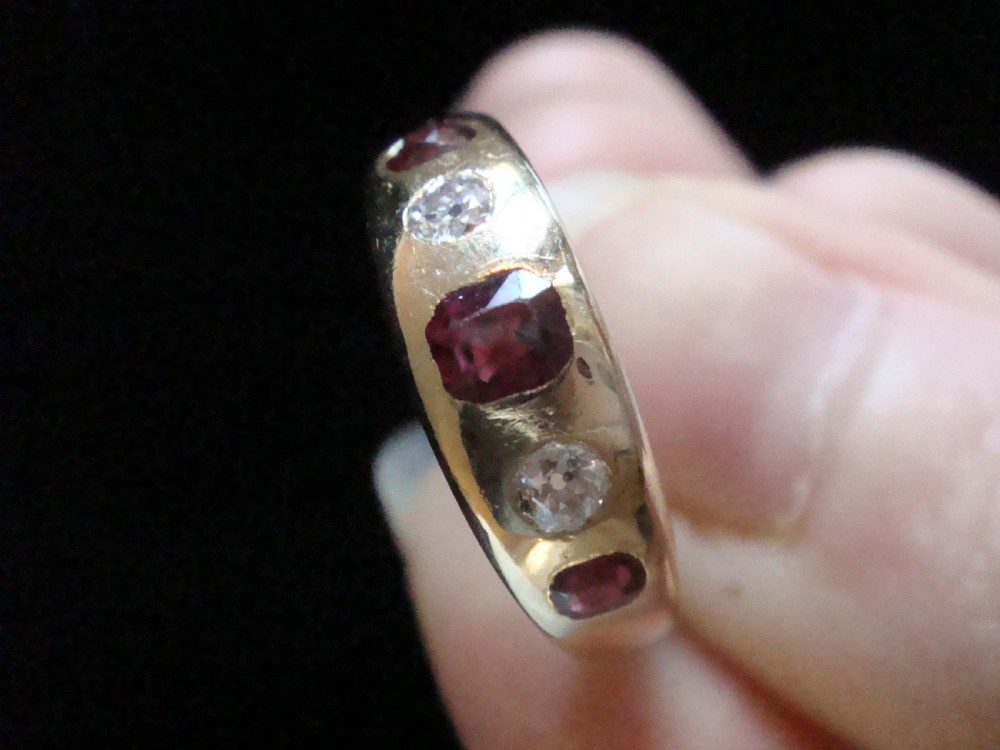 VICTORIAN 18CT YELLOW GOLD RUBY OLD CUT DIAMOND RUBY OVER GYPSY BAND View IV