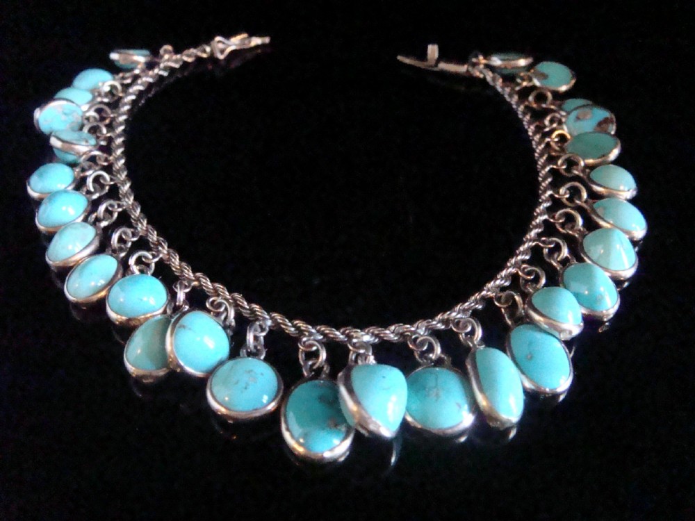 Retro 1960s 9ct yellow gold turquoise tassel rope bracelet