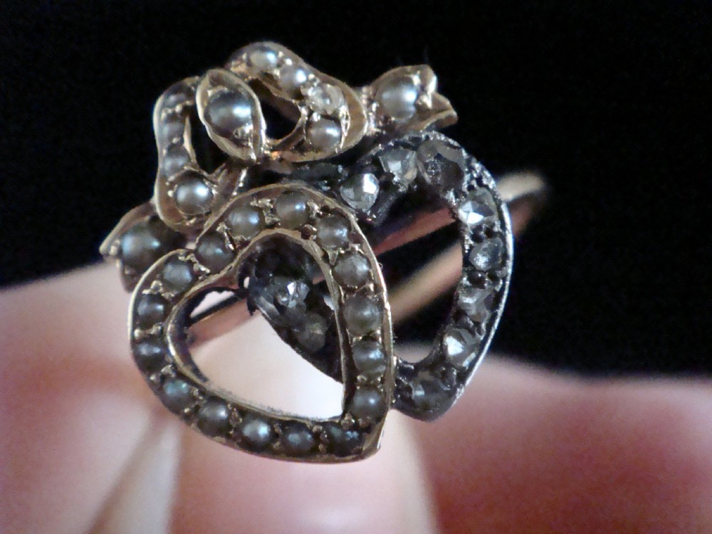 Victorian 18ct yellow gold rose cut diamond pearl double heart sweetheart ring View II