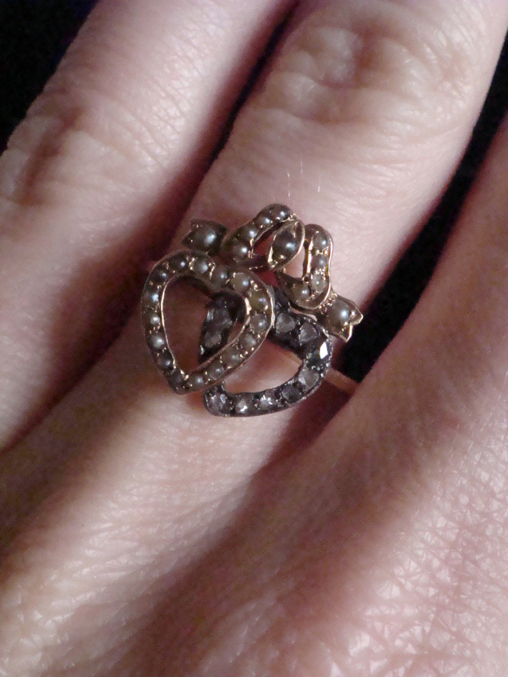 Victorian 18ct yellow gold rose cut diamond pearl double heart sweetheart ring View III
