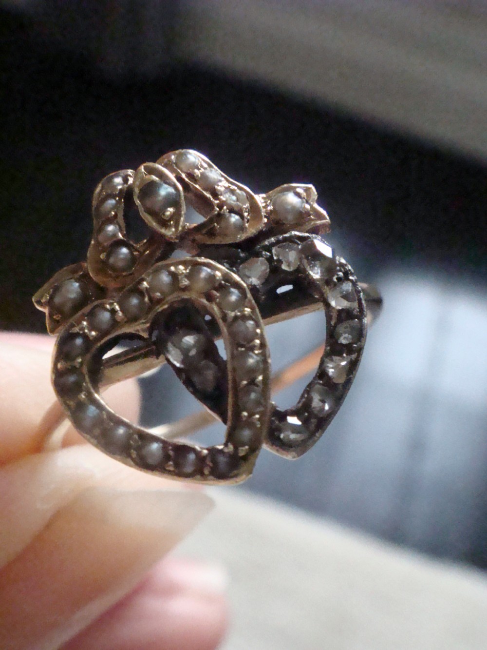 Victorian 18ct yellow gold rose cut diamond pearl double heart sweetheart ring View IV