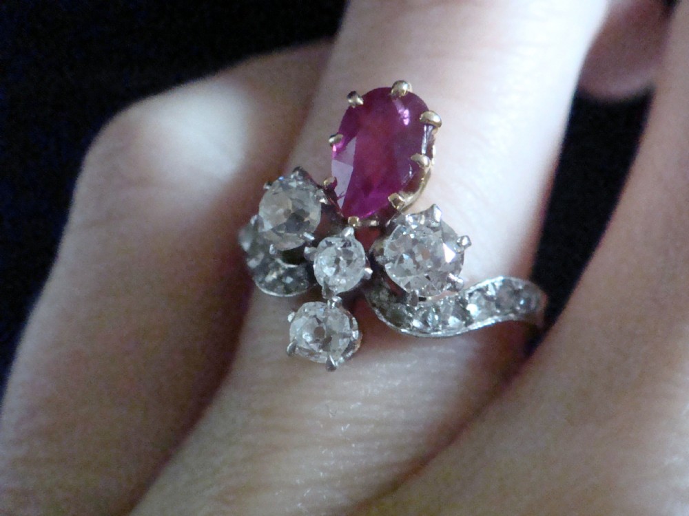 FRENCH EDWARDIAN 18CT YELLOW GOLD NATURAL RUBY OLD CUT DIAMOND TIARA RING View VI