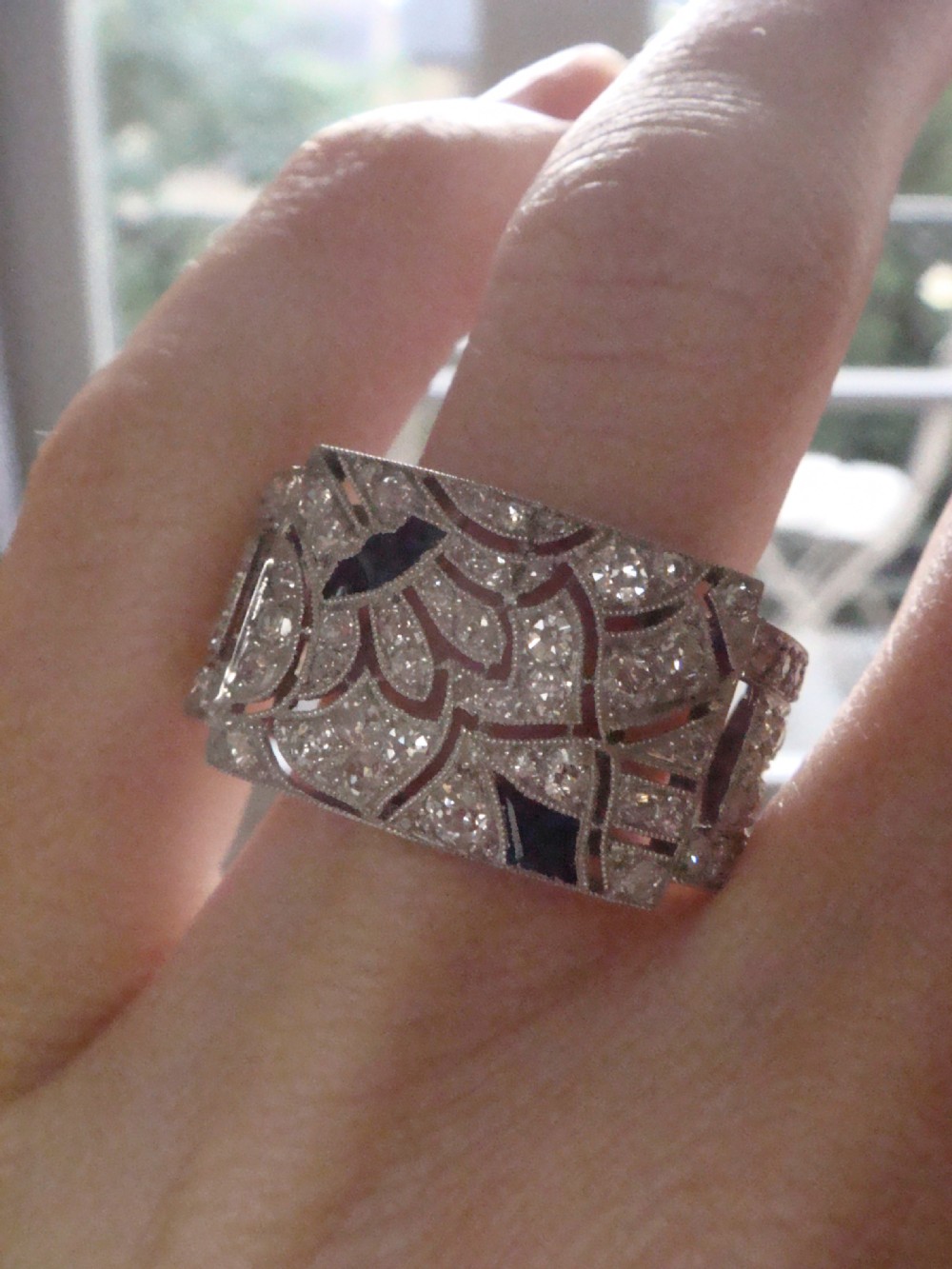 Art Deco 1920s 18ct 18k platinum natural sapphire diamond commissioned pave ring View VII