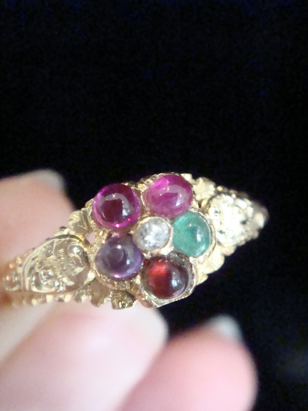 VICTORIAN 15ct REGARD cluster diamond emerald amethyst ruby garnet cluster View IV