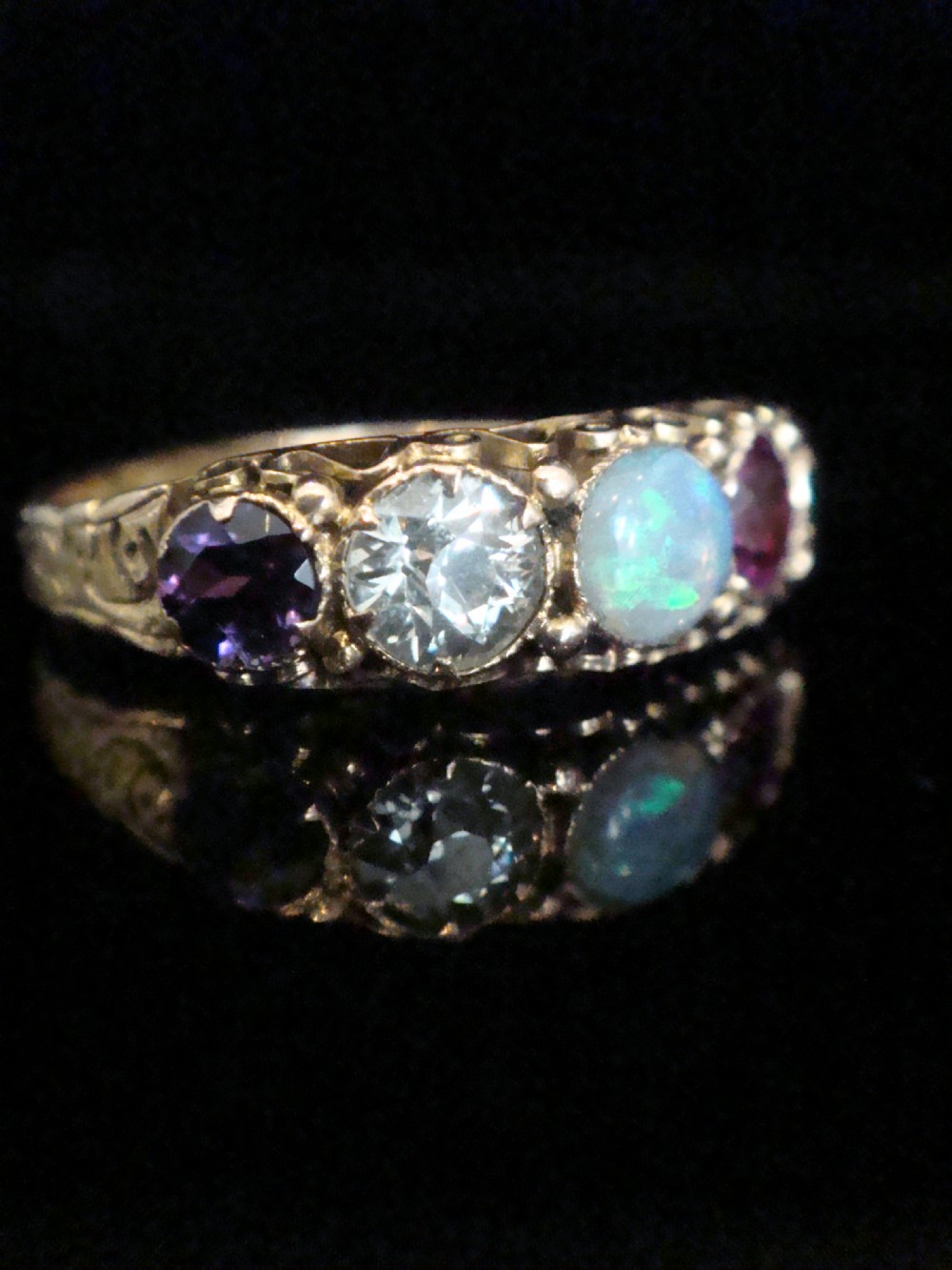 VICTORIAN 15CT YELLOW GOLD ADORE AMETHYST DIAMOND OPAL RUBY EMERALD 5 STONE RING View II