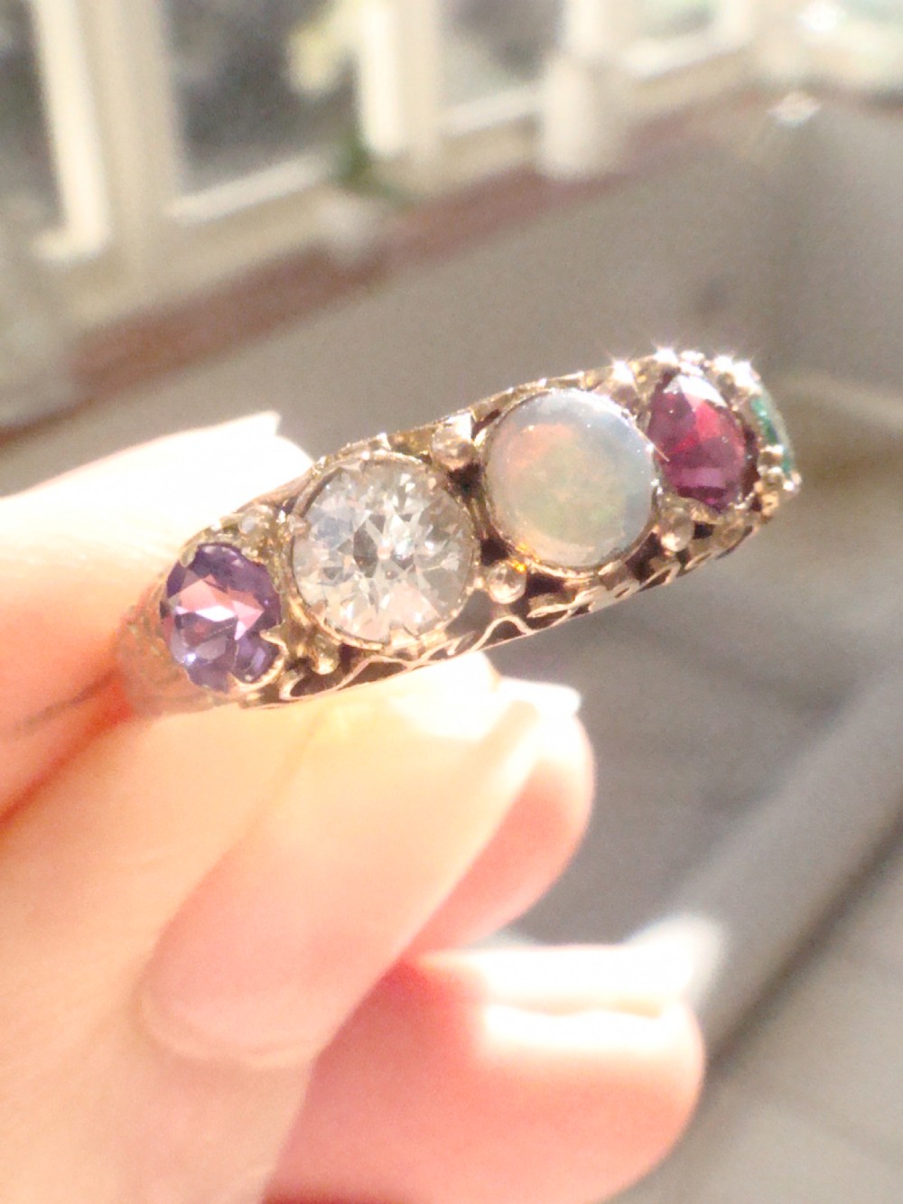 VICTORIAN 15CT YELLOW GOLD ADORE AMETHYST DIAMOND OPAL RUBY EMERALD 5 STONE RING View VII