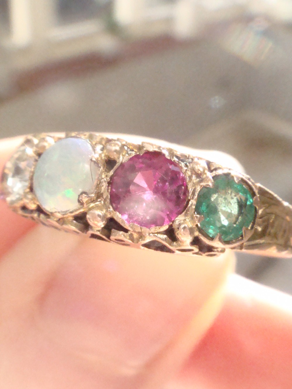 VICTORIAN 15CT YELLOW GOLD ADORE AMETHYST DIAMOND OPAL RUBY EMERALD 5 STONE RING View VIII